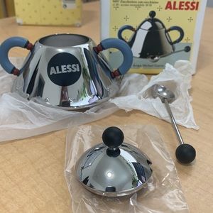 Alessi 9097Sugar bowl w/ spoon 7oz 18/10 stainless steel,light blue handles NWOT